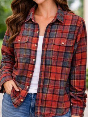 Lucky Brand Mens Medium Plaid Flannel Shirt Red Orange Classic Fit Button Up